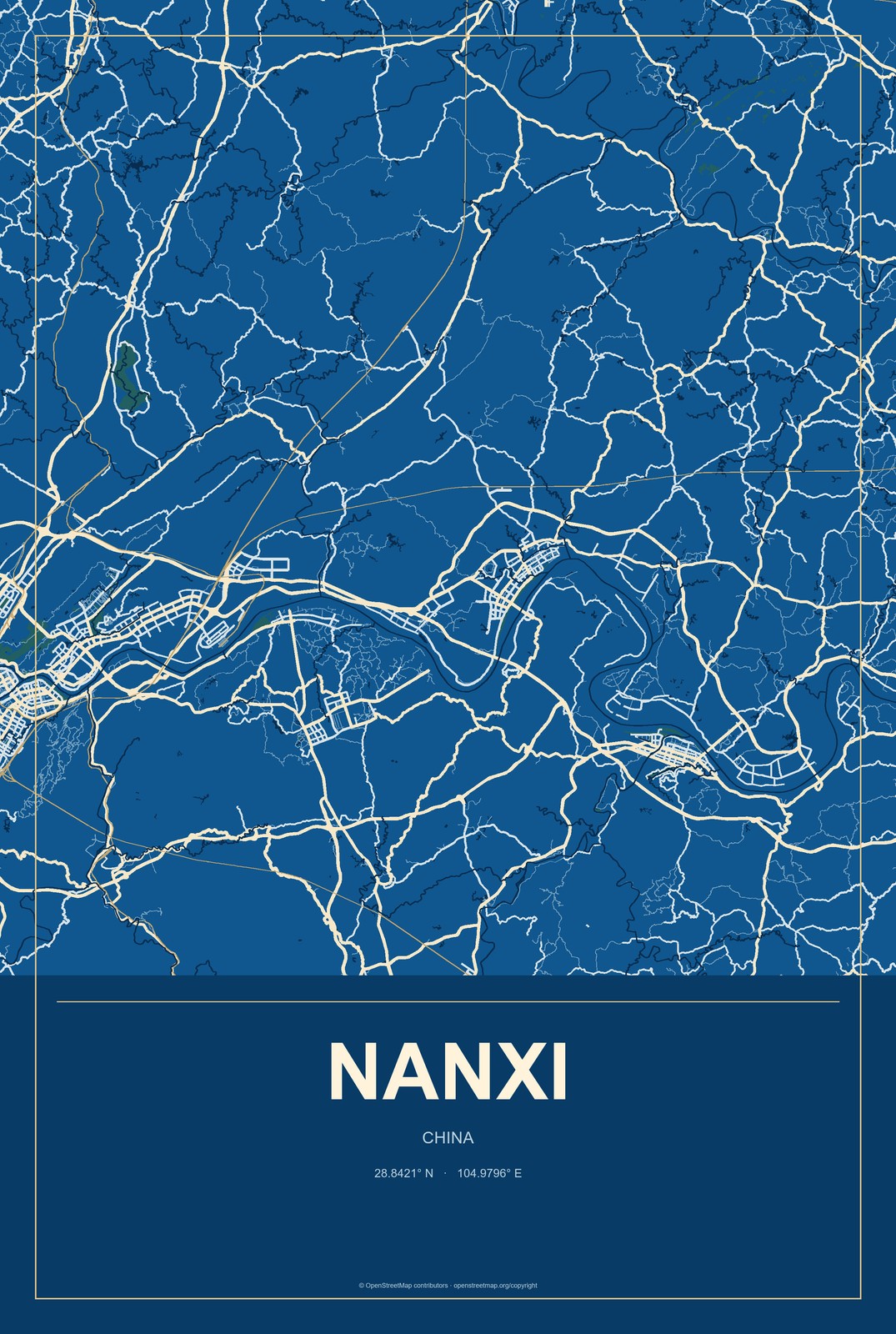 Nanxi, China City Map Aluminum Sign in Harbor Cobalt style