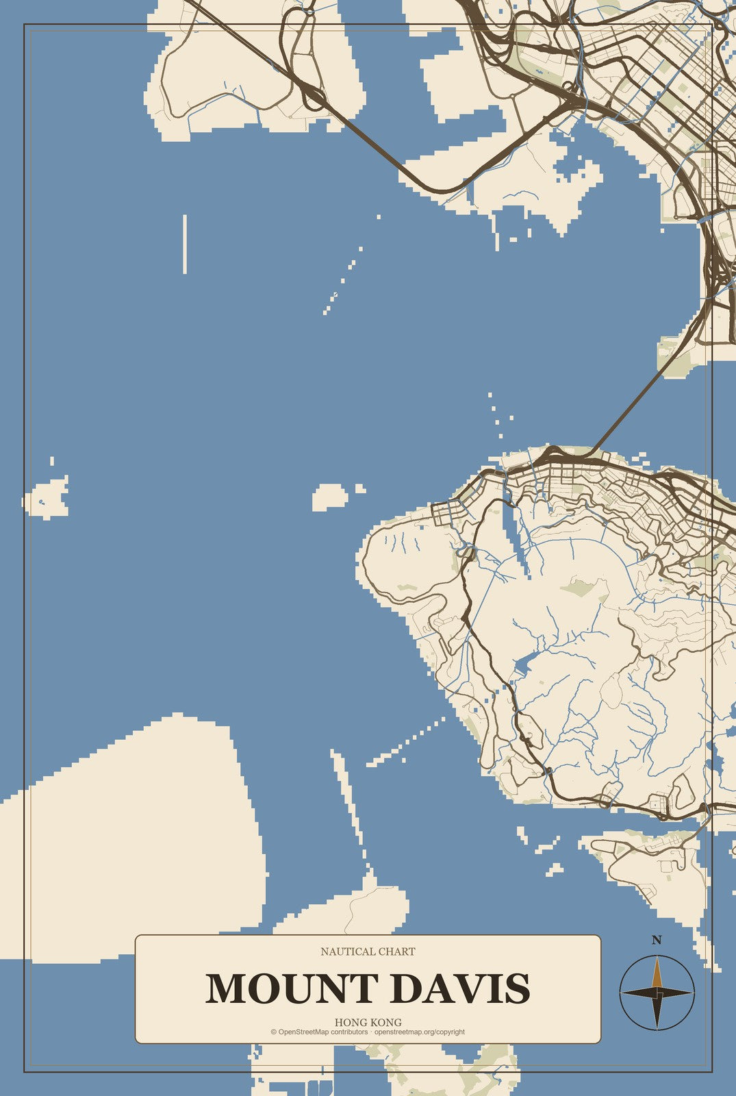 Mount Davis, Hong Kong City Map Aluminum Sign in Heritage Nautical style