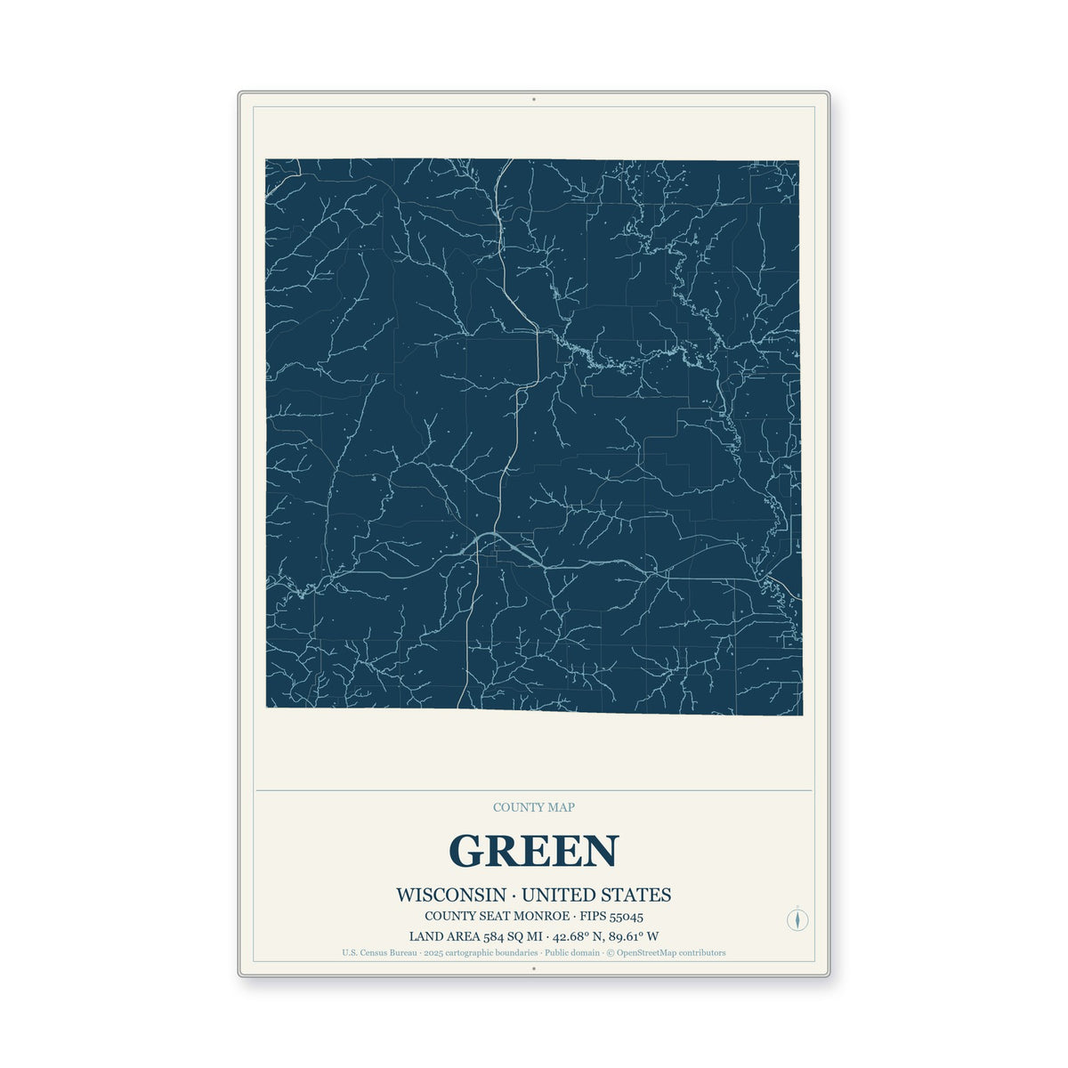 Green County, Wisconsin Map Aluminum Sign in Coastal Cutout style