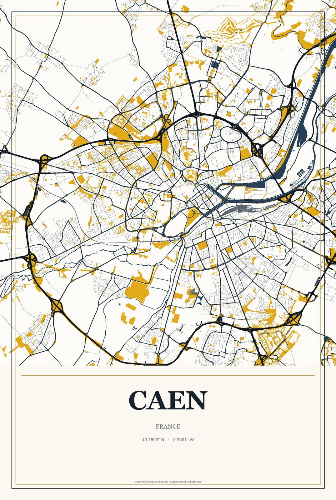 Caen, France City Map Aluminum Sign in Citrine Modern style
