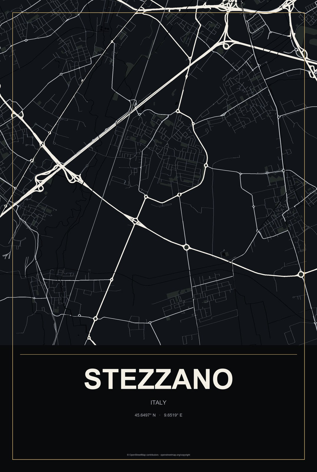 Stezzano, Italy City Map Aluminum Sign in Metropolitan Noir style