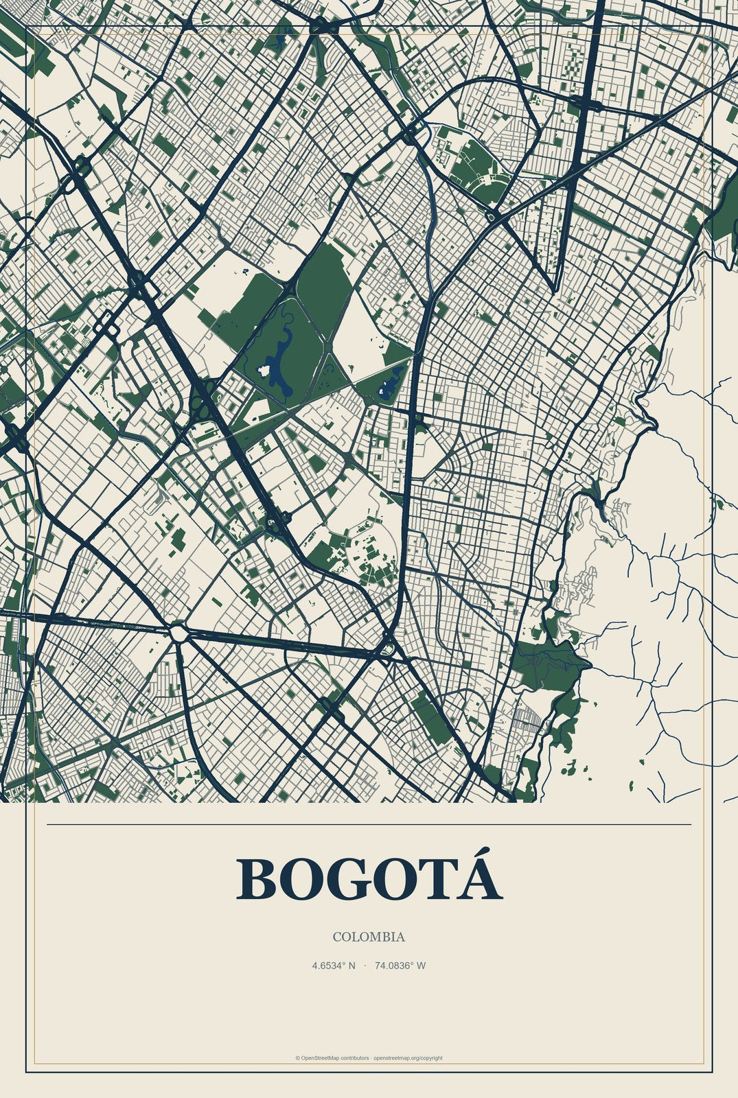 Bogotá, Colombia City Map Aluminum Sign in Coastal Cutout style