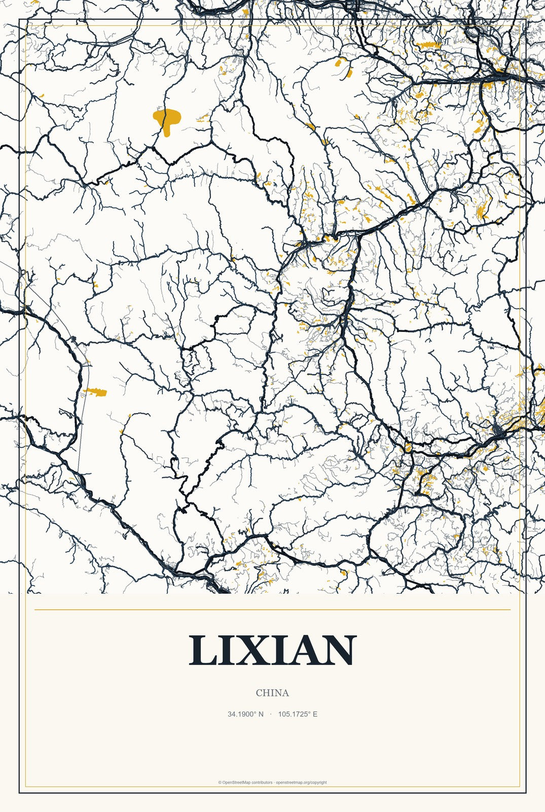 Lixian, China City Map Aluminum Sign in Citrine Modern style