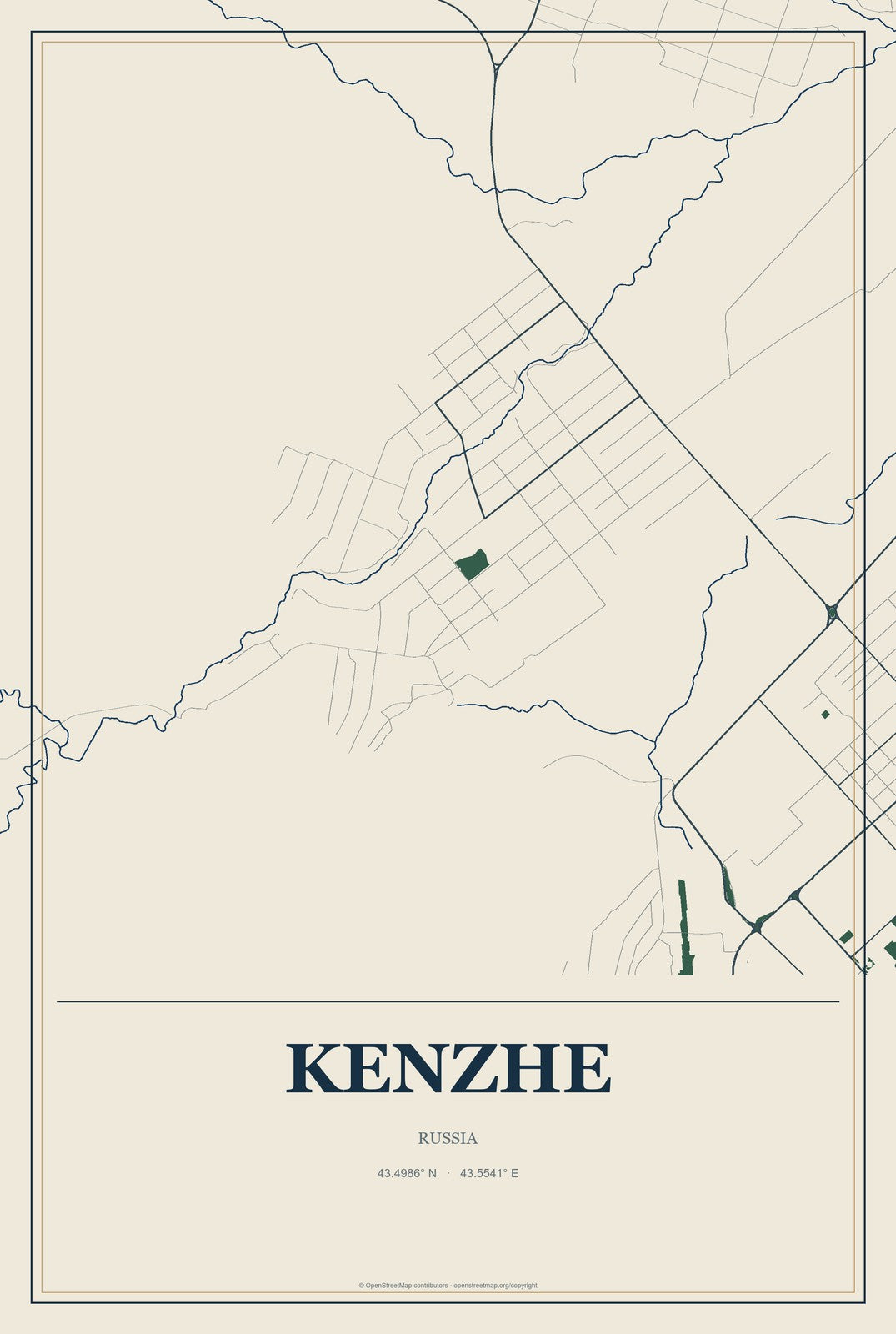 Kenzhe, Russia City Map Aluminum Sign in Coastal Cutout style