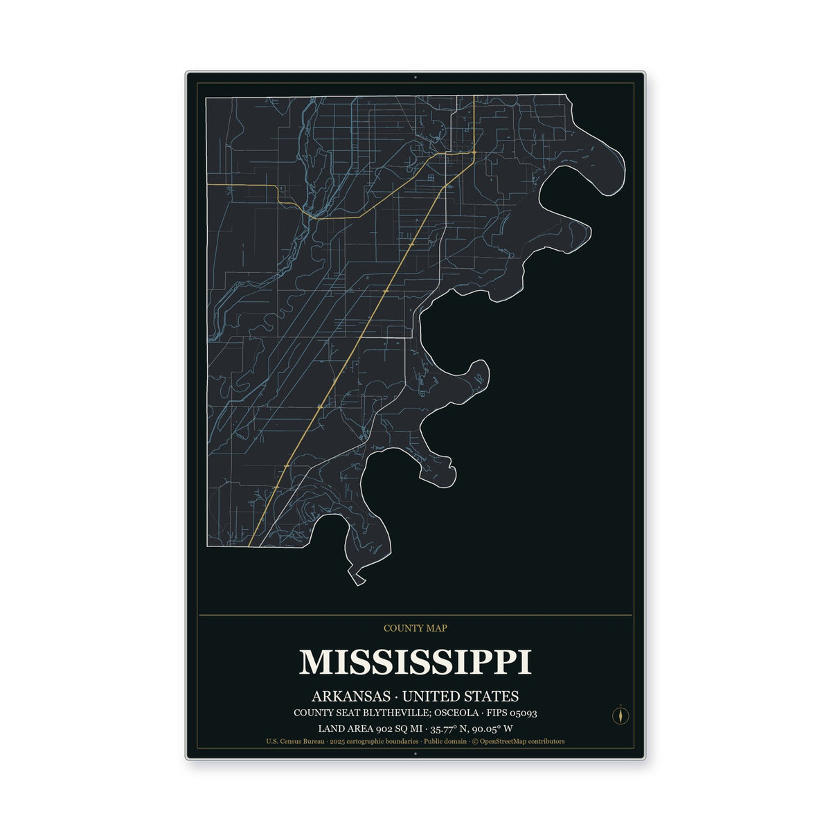 Mississippi County, Arkansas Map Aluminum Sign in Metropolitan Noir style
