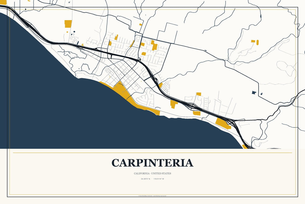 Carpinteria, California City Map Aluminum Sign in Citrine Modern style