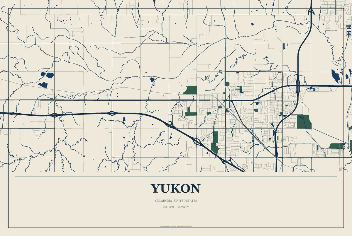 Yukon, Oklahoma City Map Aluminum Sign in Coastal Cutout style