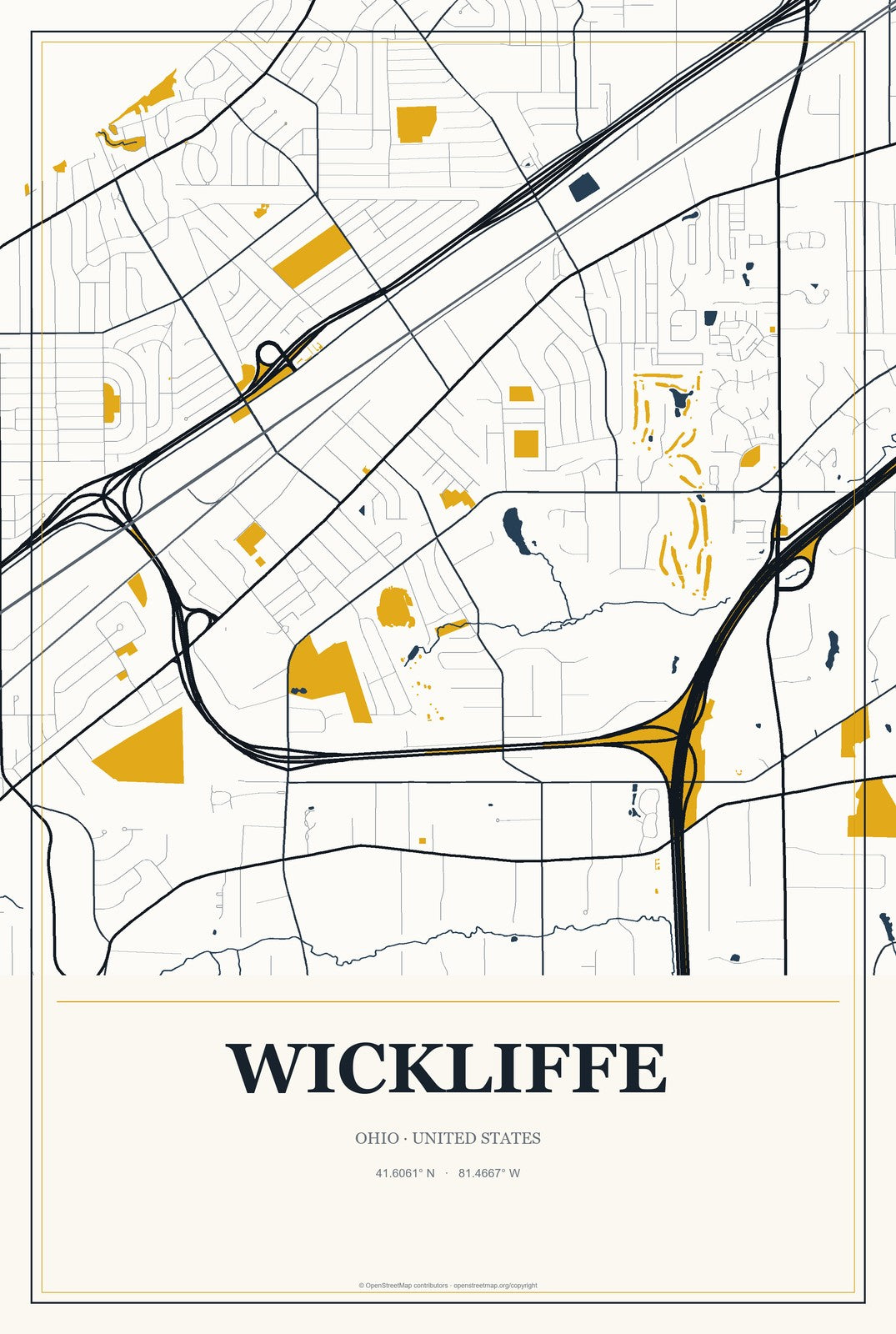 Wickliffe, Ohio City Map Aluminum Sign in Citrine Modern style