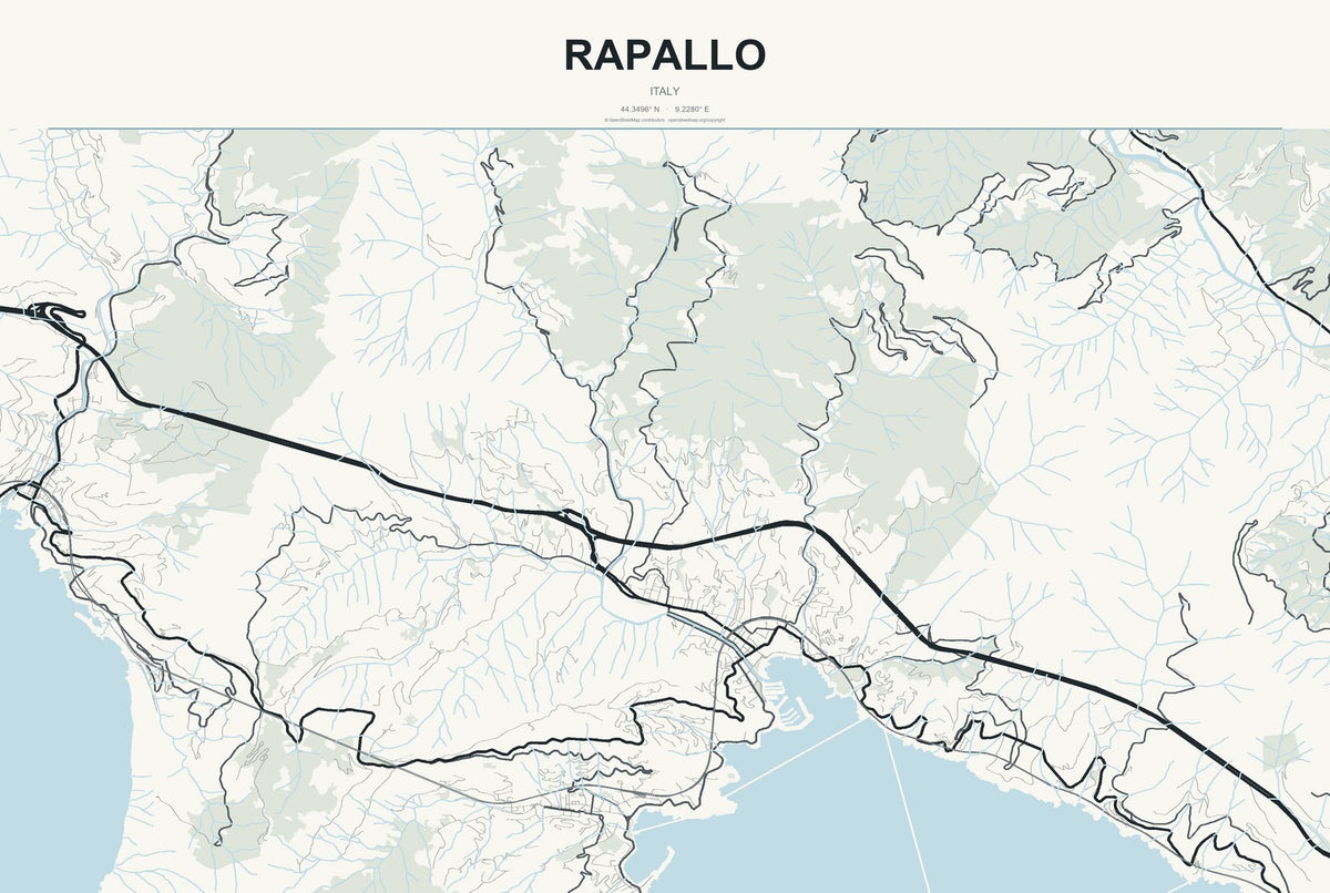 Rapallo, Italy City Map Aluminum Sign in Headline Atlas style