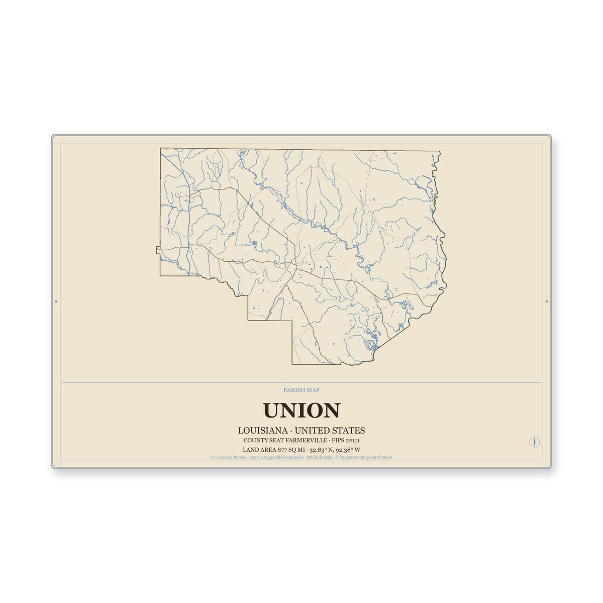 Union Parish, Louisiana Map Aluminum Sign in Heritage Nautical style