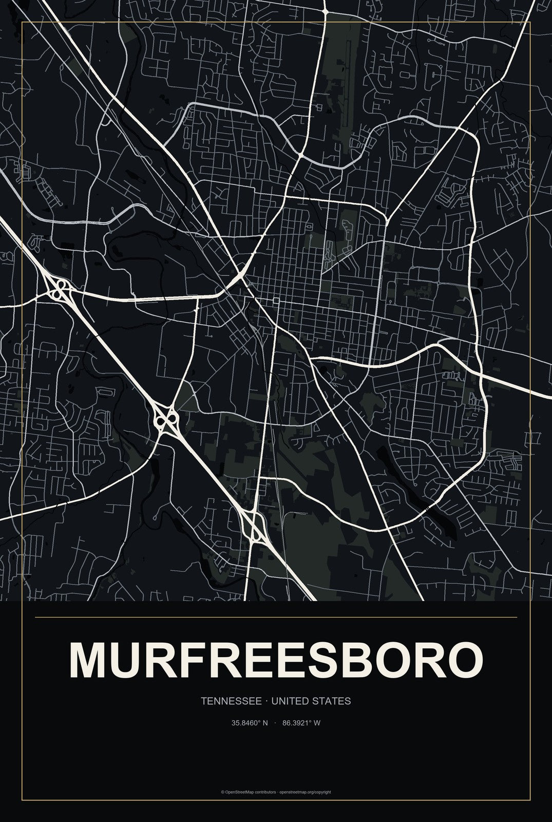 Murfreesboro, Tennessee City Map Aluminum Sign in Metropolitan Noir style