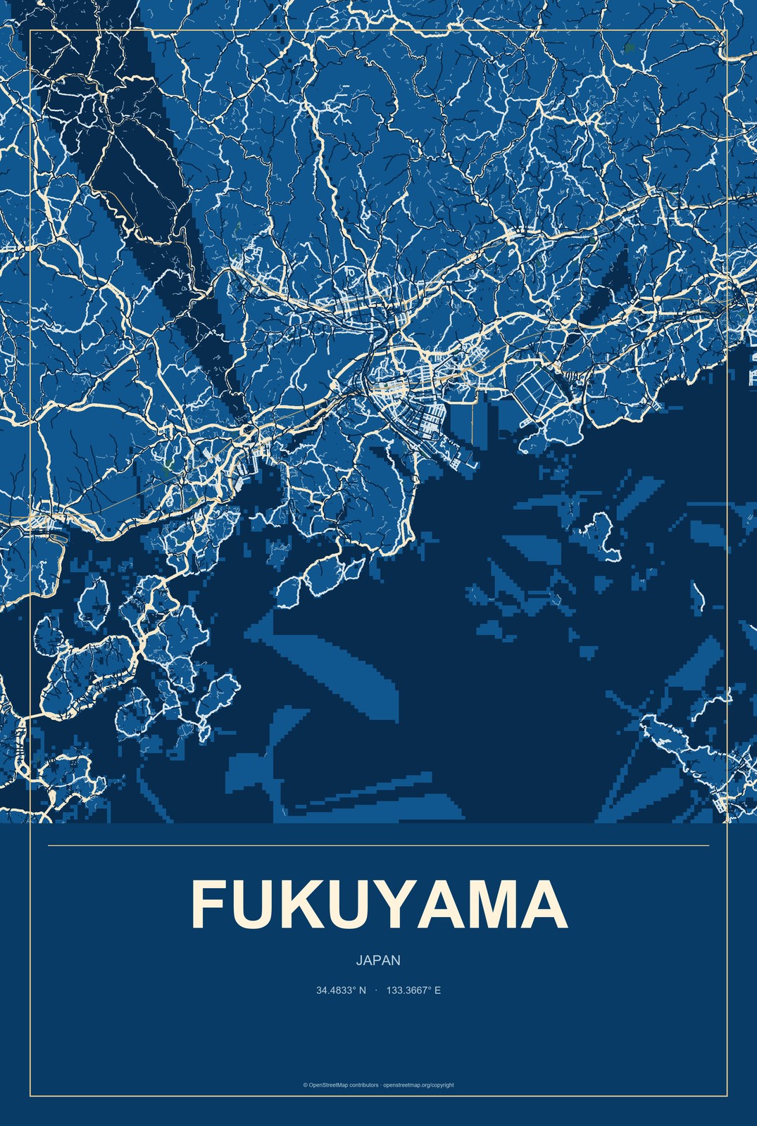 Fukuyama, Japan City Map Aluminum Sign in Harbor Cobalt style