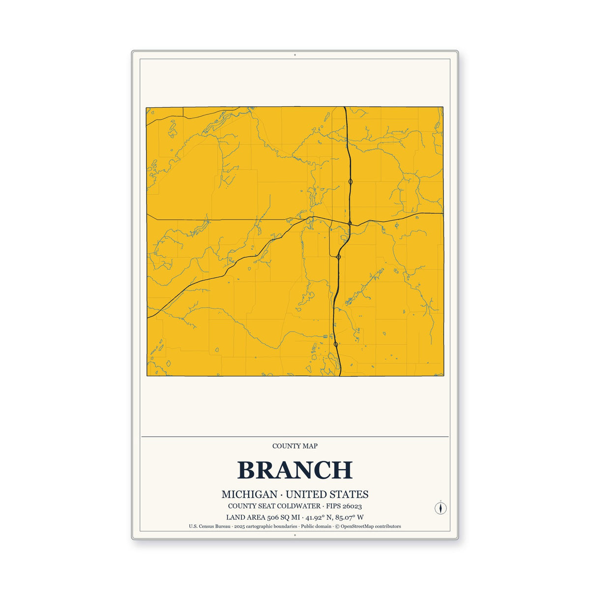 Branch County, Michigan Map Aluminum Sign in Citrine Modern style