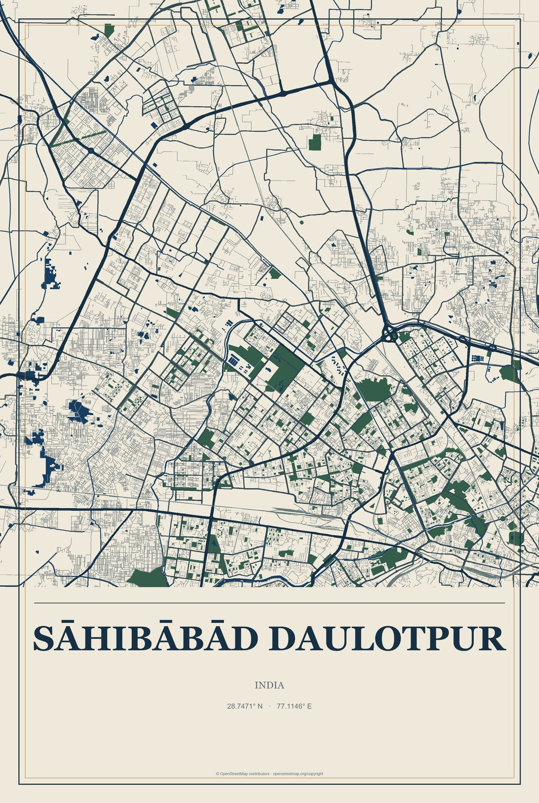 Sāhibābād Daulotpur, India City Map Aluminum Sign in Coastal Cutout style