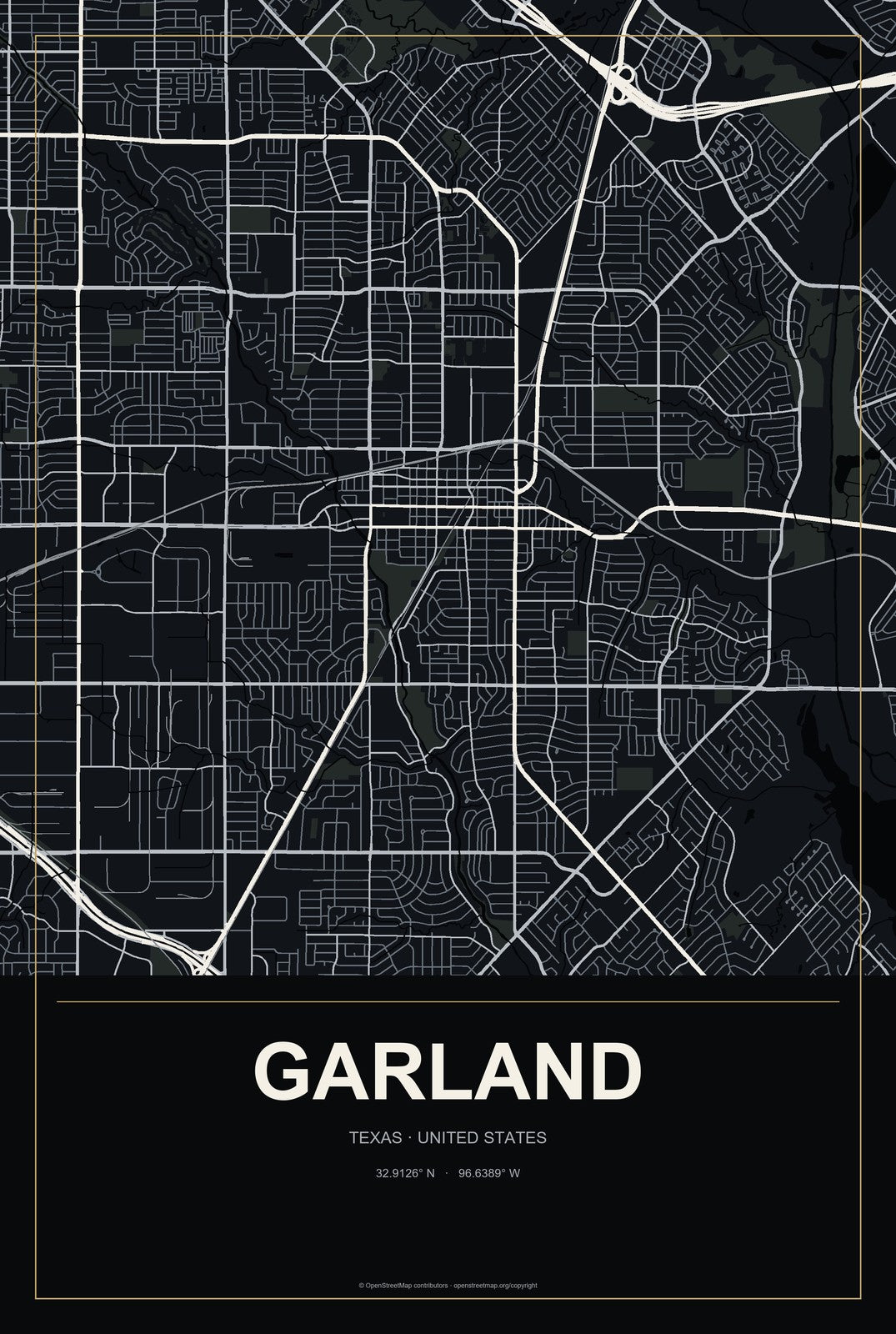 Garland, Texas City Map Aluminum Sign in Metropolitan Noir style