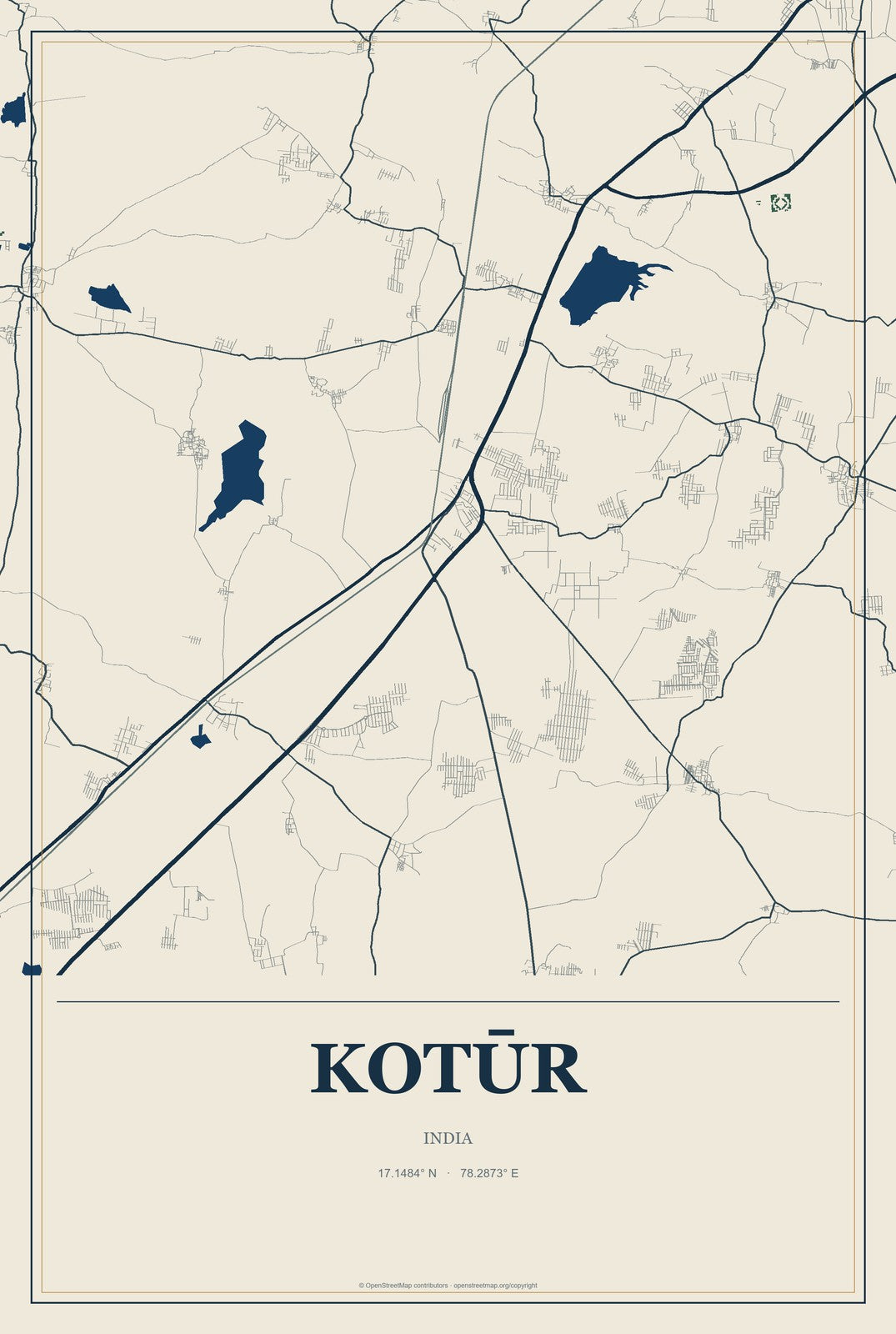 Kotūr, India City Map Aluminum Sign in Coastal Cutout style