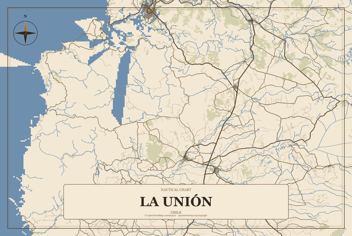 La Unión, Chile City Map Aluminum Sign in Heritage Nautical style