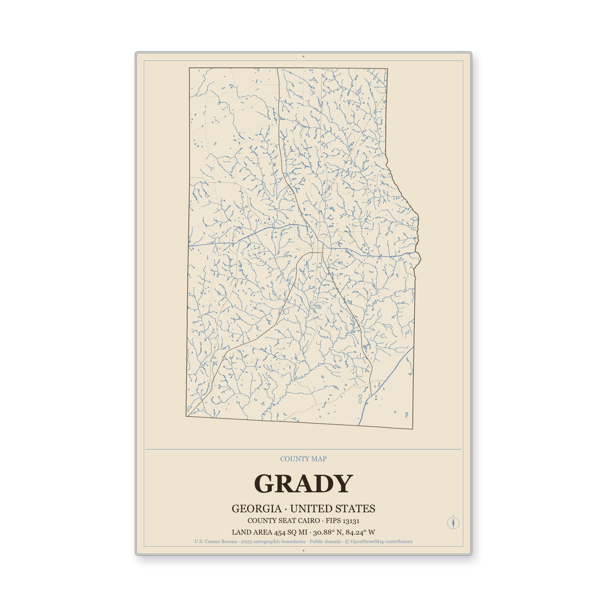 Grady County, Georgia Map Aluminum Sign in Heritage Nautical style