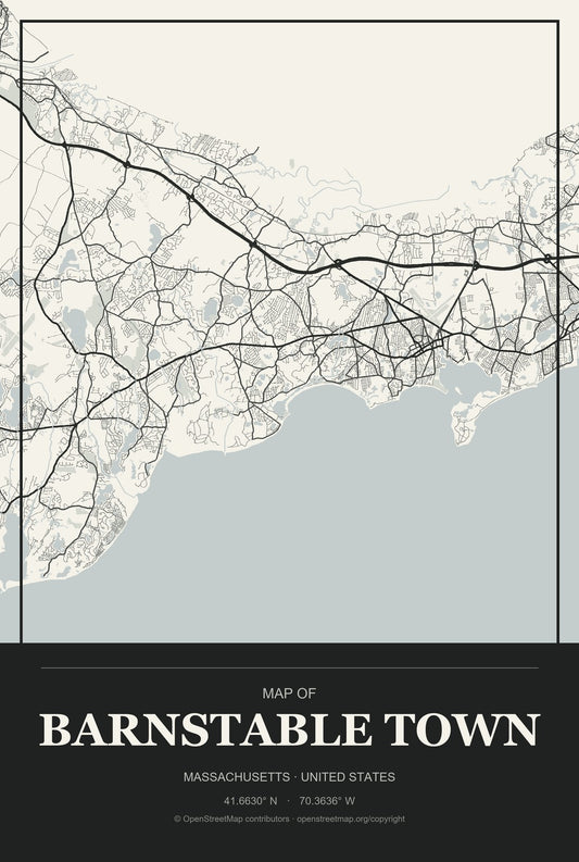 Barnstable Town, Massachusetts City Map Aluminum Sign in Museum Plaque style