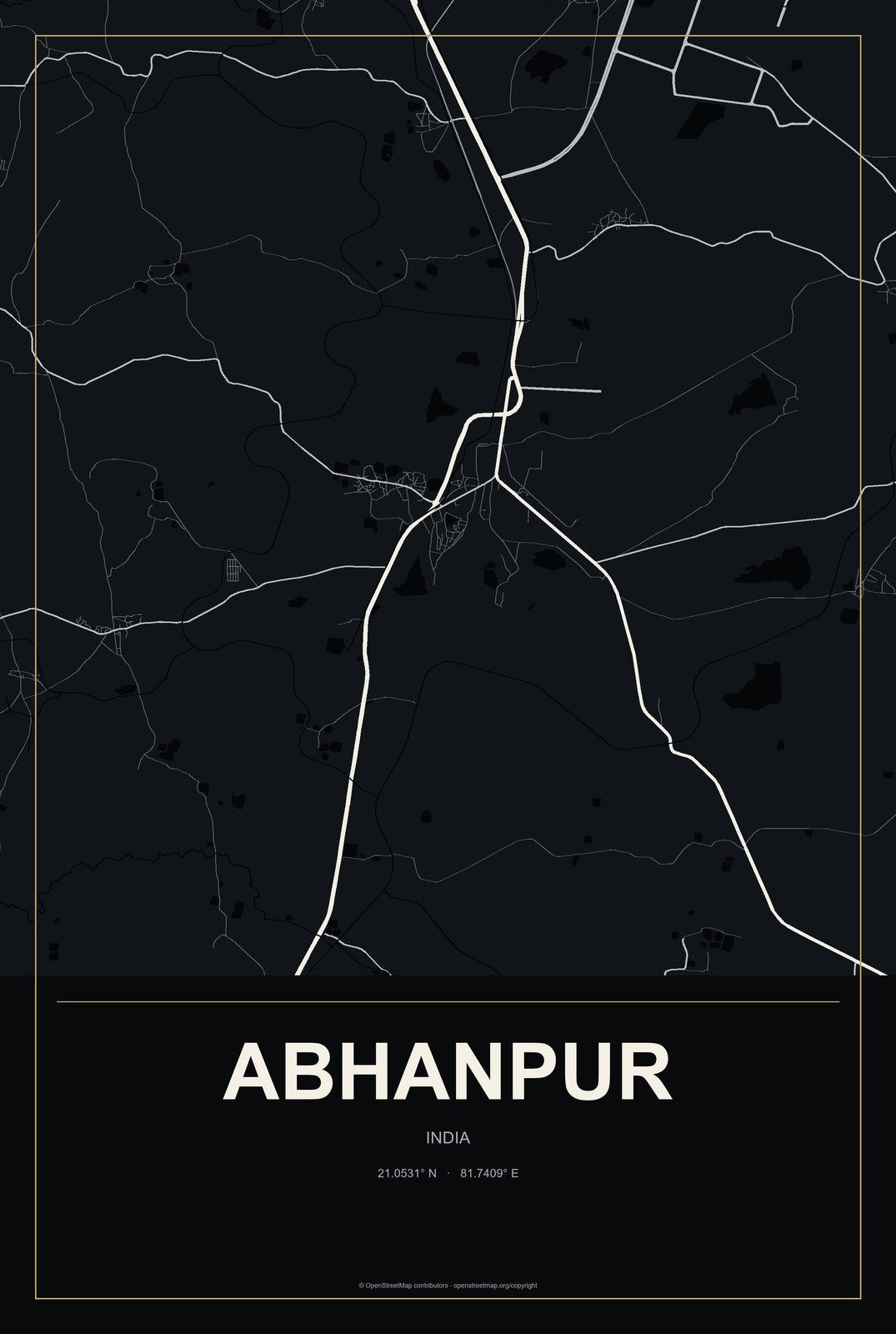Abhanpur, India City Map Aluminum Sign in Metropolitan Noir style