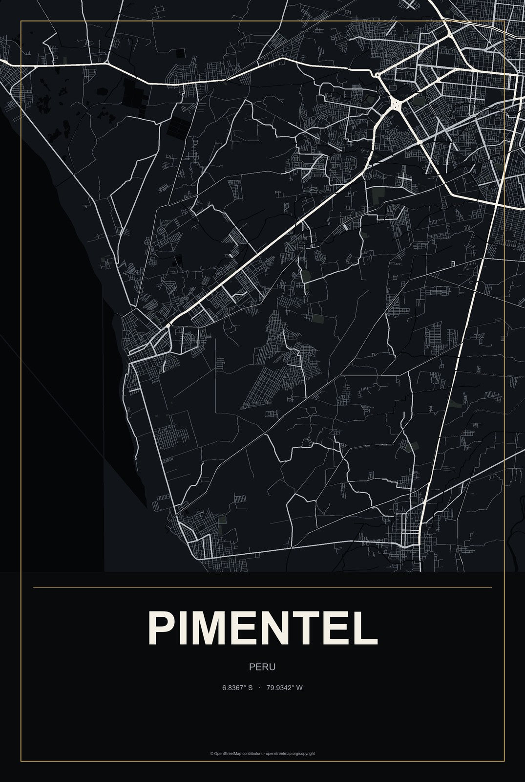 Pimentel, Peru City Map Aluminum Sign in Metropolitan Noir style