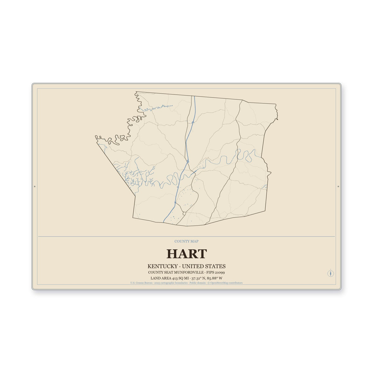 Hart County, Kentucky Map Aluminum Sign in Heritage Nautical style