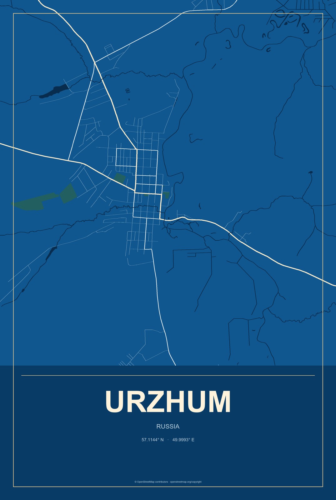 Urzhum, Russia City Map Aluminum Sign in Harbor Cobalt style