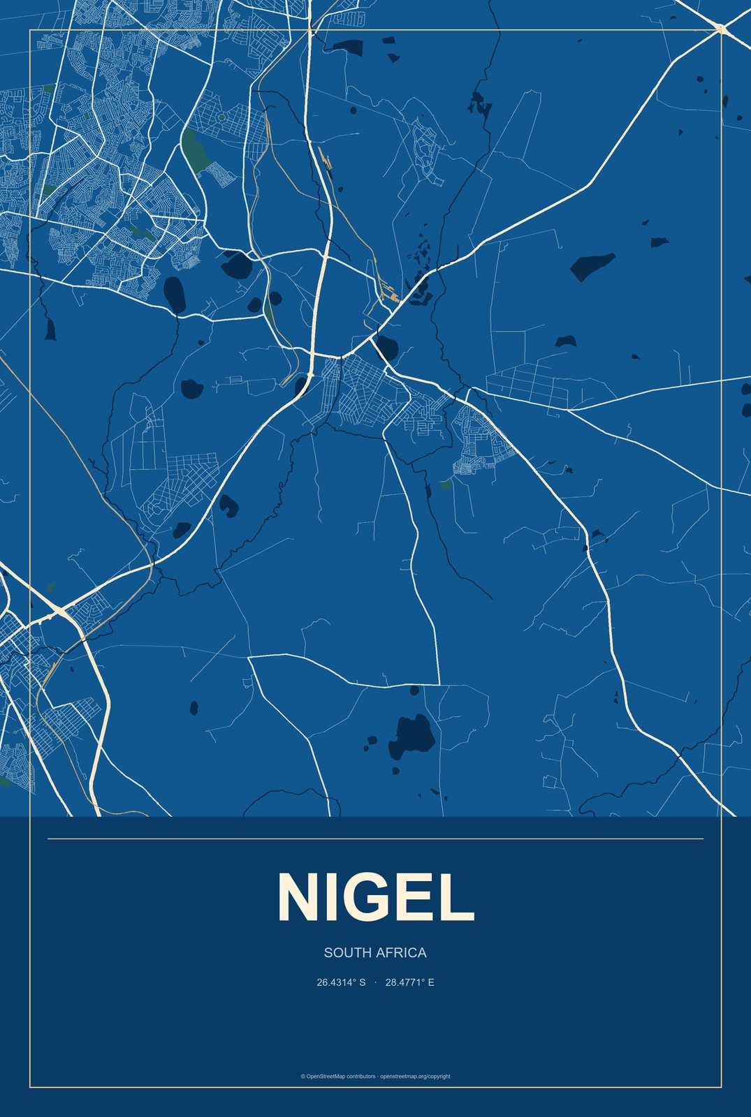 Nigel, South Africa City Map Aluminum Sign in Harbor Cobalt style