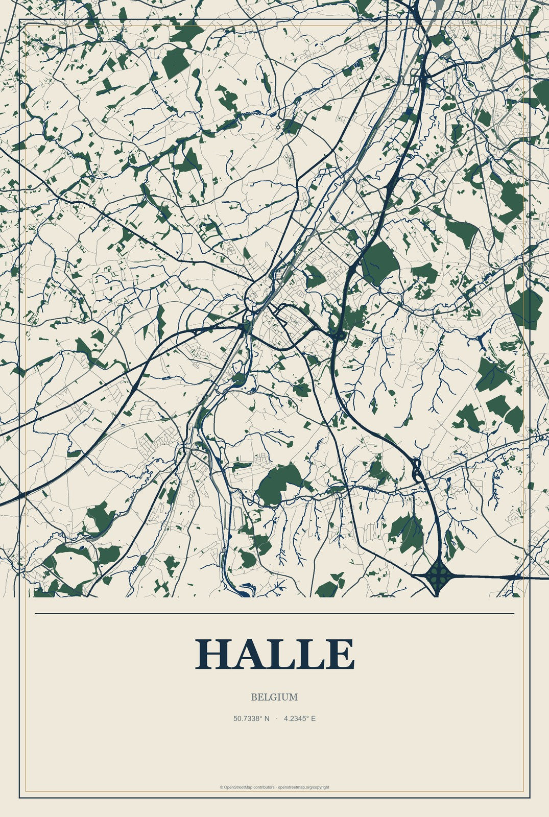 Halle, Belgium City Map Aluminum Sign in Coastal Cutout style