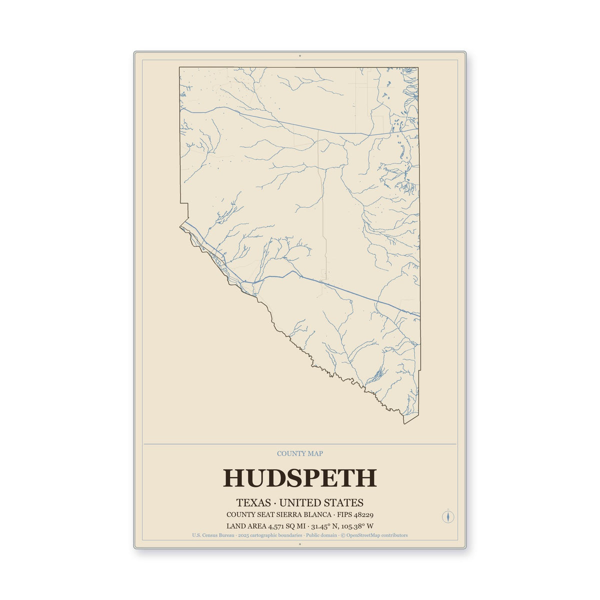 Hudspeth County, Texas Map Aluminum Sign in Heritage Nautical style