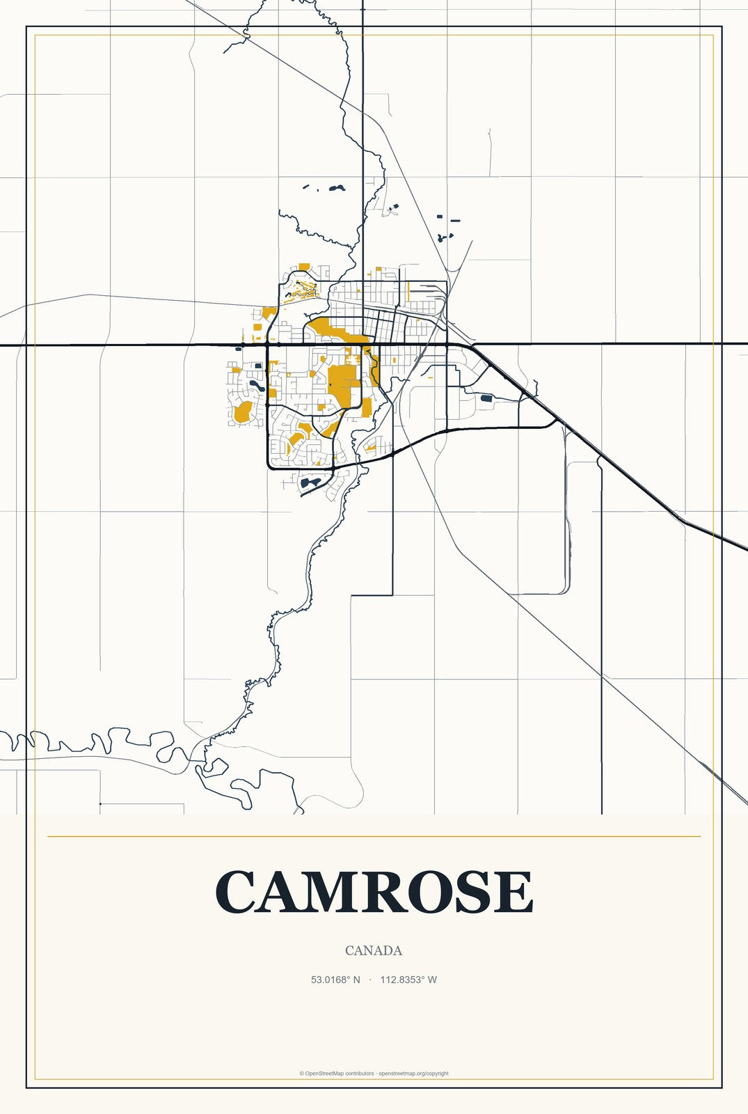 Camrose, Canada City Map Aluminum Sign in Citrine Modern style