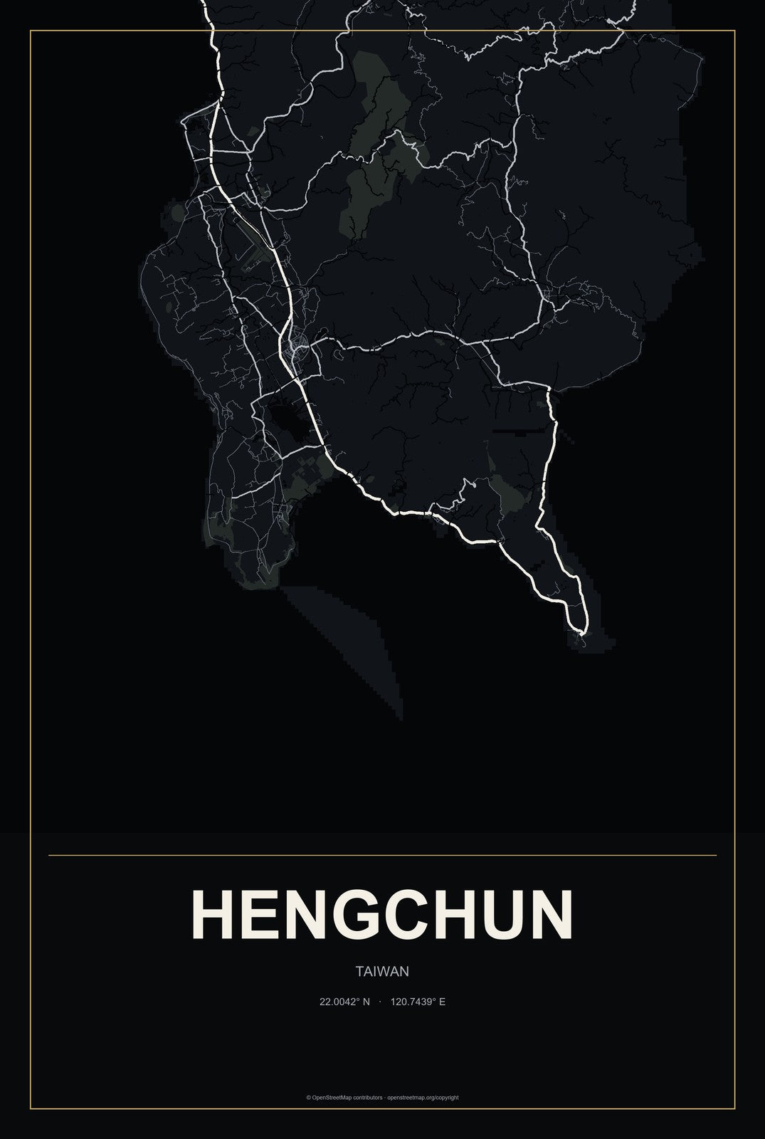 Hengchun, Taiwan City Map Aluminum Sign in Metropolitan Noir style