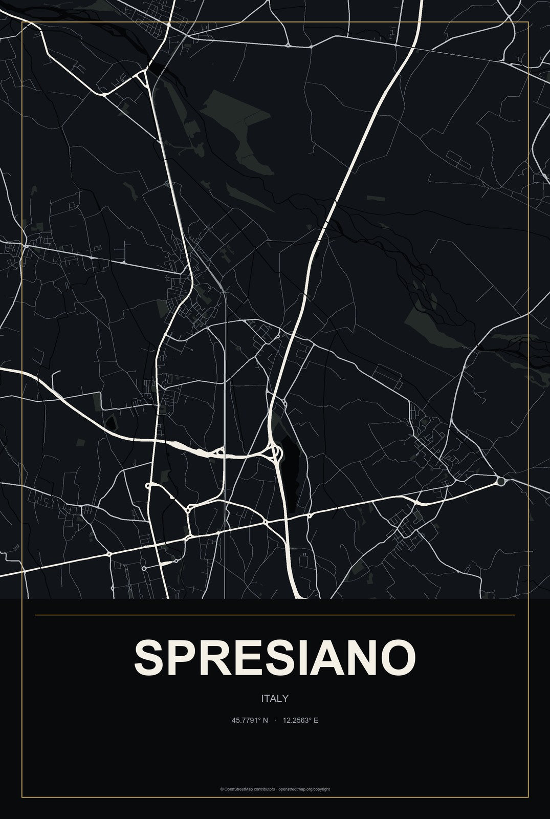 Spresiano, Italy City Map Aluminum Sign in Metropolitan Noir style