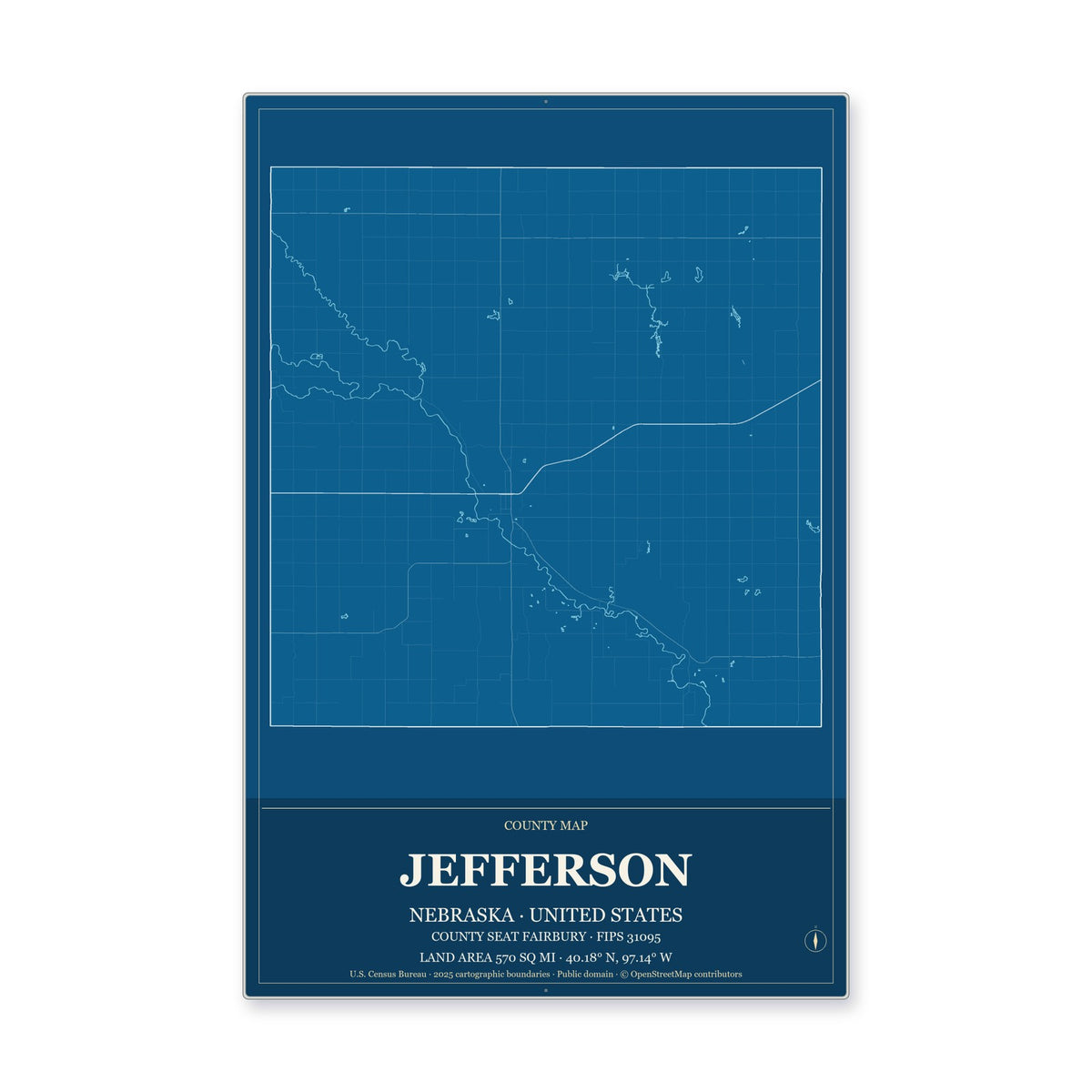 Jefferson County, Nebraska Map Aluminum Sign in Harbor Cobalt style