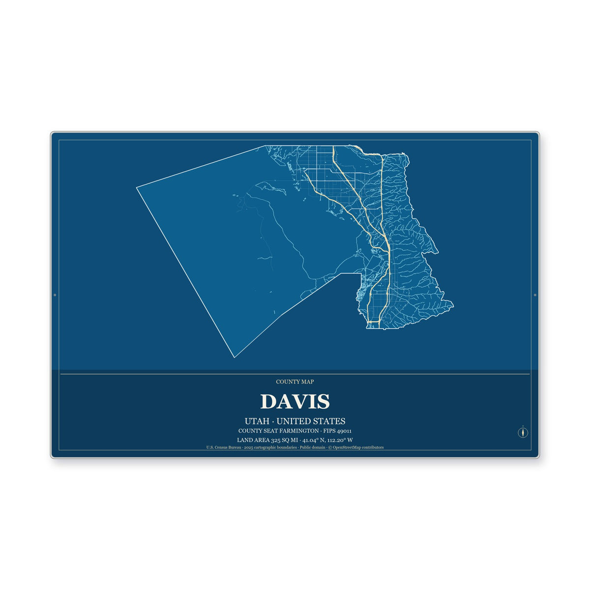 Davis County, Utah Map Aluminum Sign in Harbor Cobalt style
