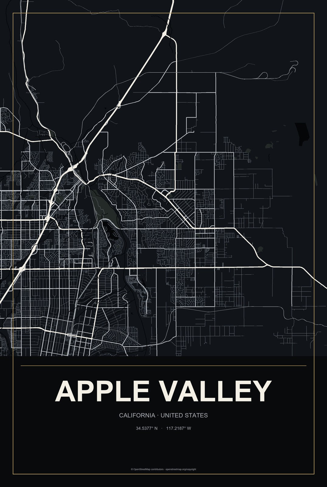 Apple Valley, California City Map Aluminum Sign in Metropolitan Noir style