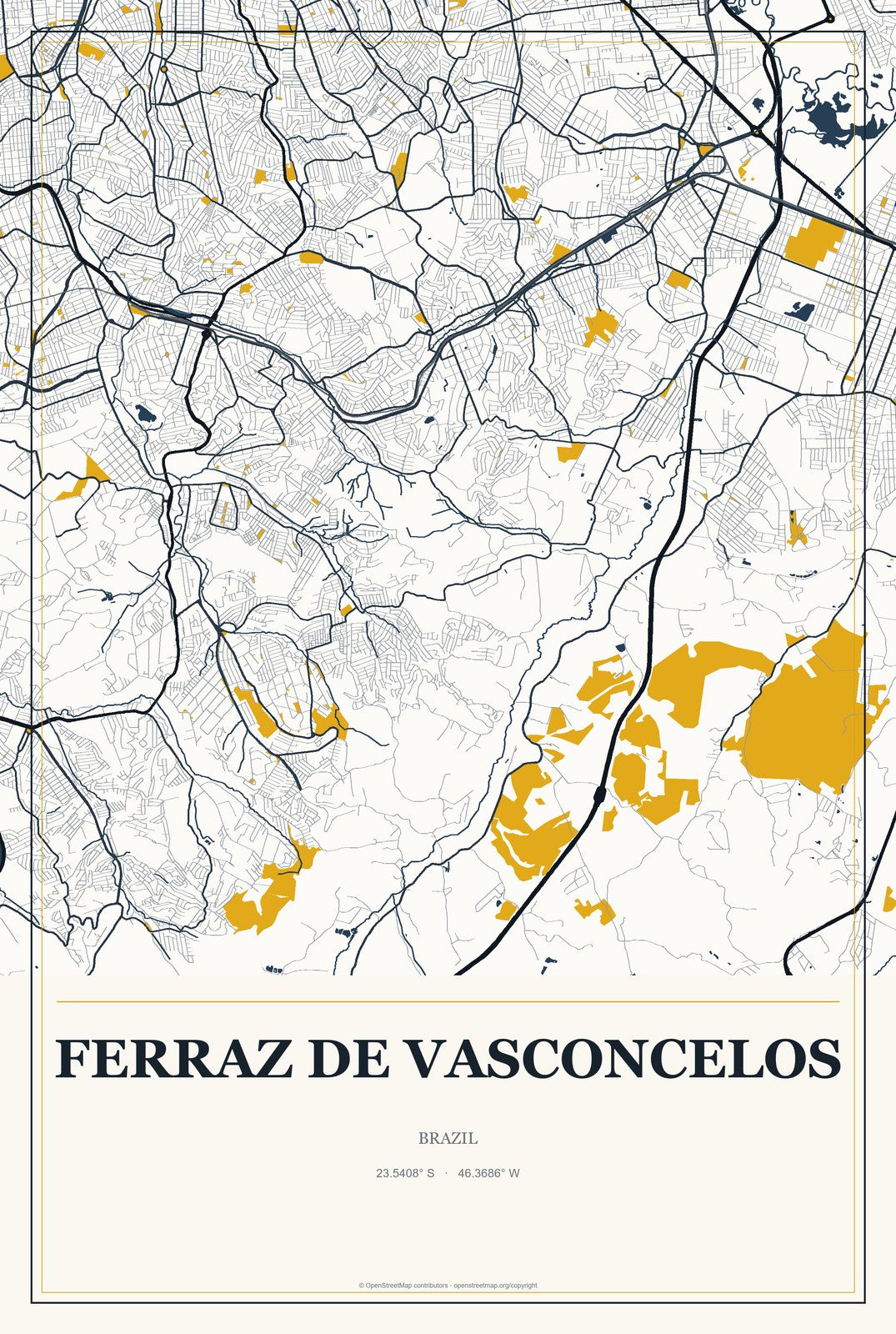 Ferraz de Vasconcelos, Brazil City Map Aluminum Sign in Citrine Modern style