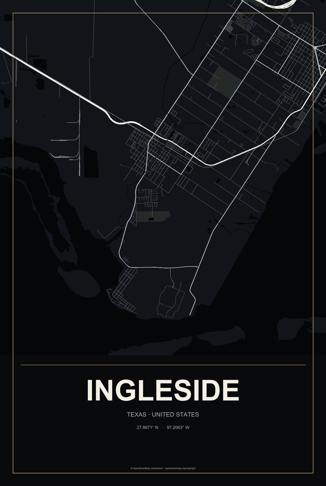 Ingleside, Texas City Map Aluminum Sign in Metropolitan Noir style