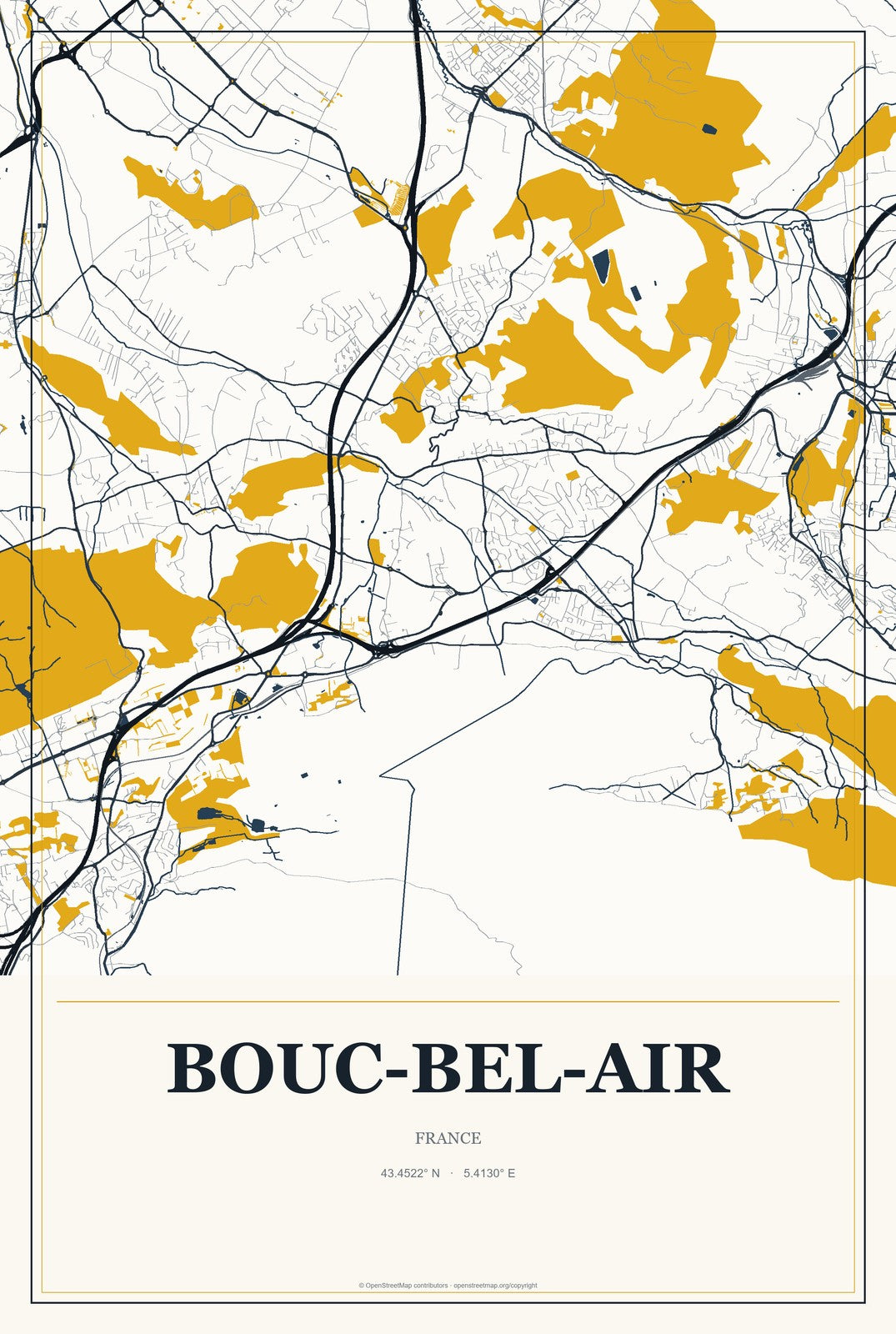 Bouc-Bel-Air, France City Map Aluminum Sign in Citrine Modern style