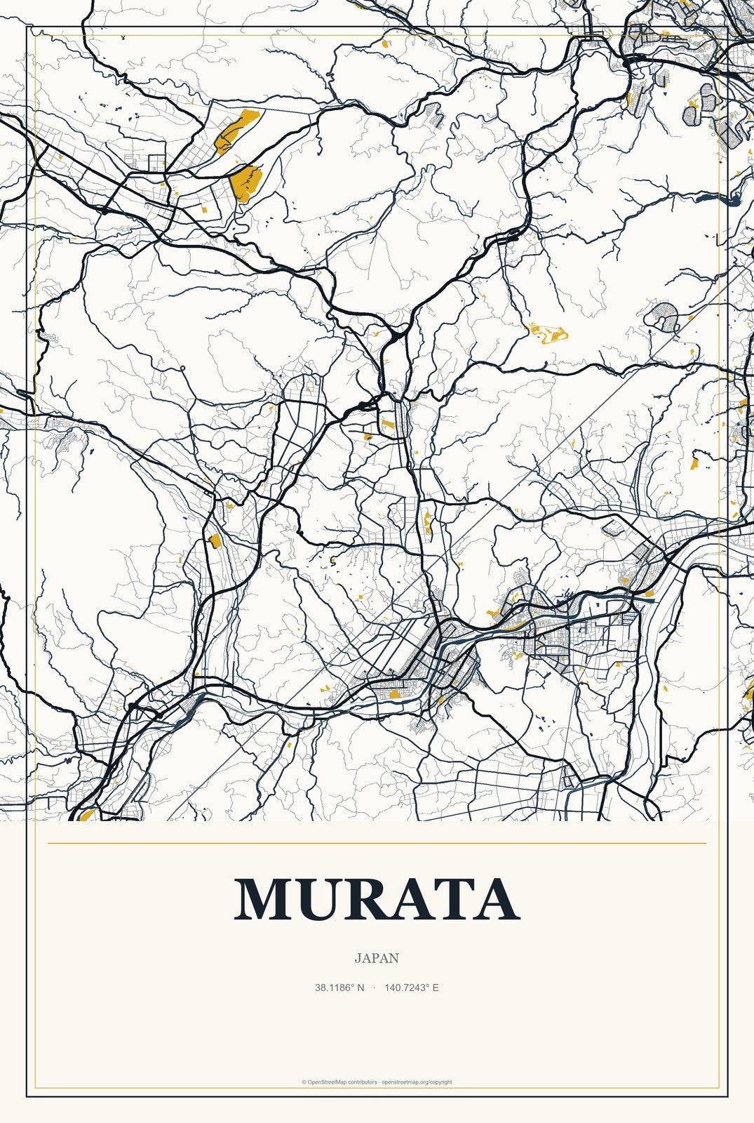 Murata, Japan City Map Aluminum Sign in Citrine Modern style