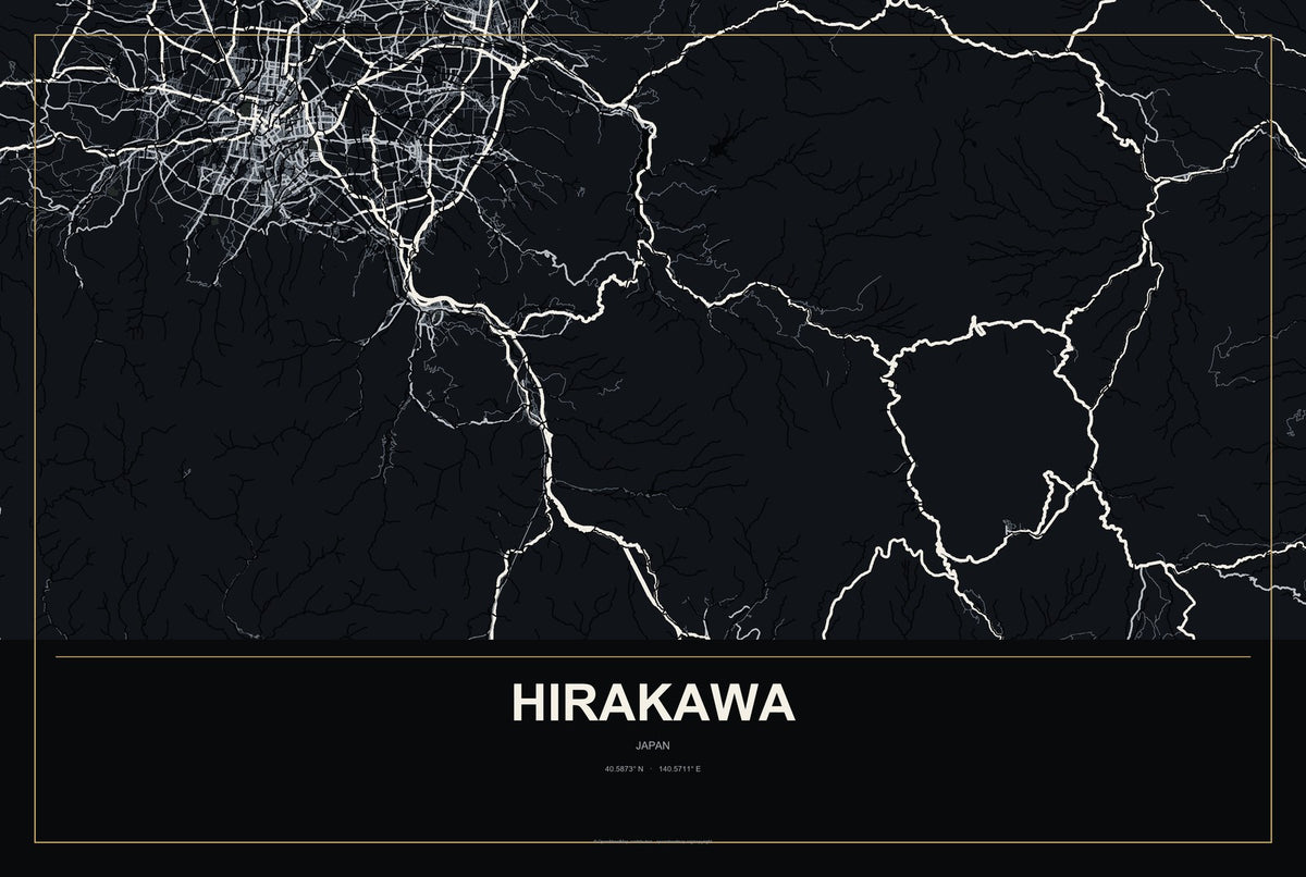 Hirakawa, Japan City Map Aluminum Sign in Metropolitan Noir style