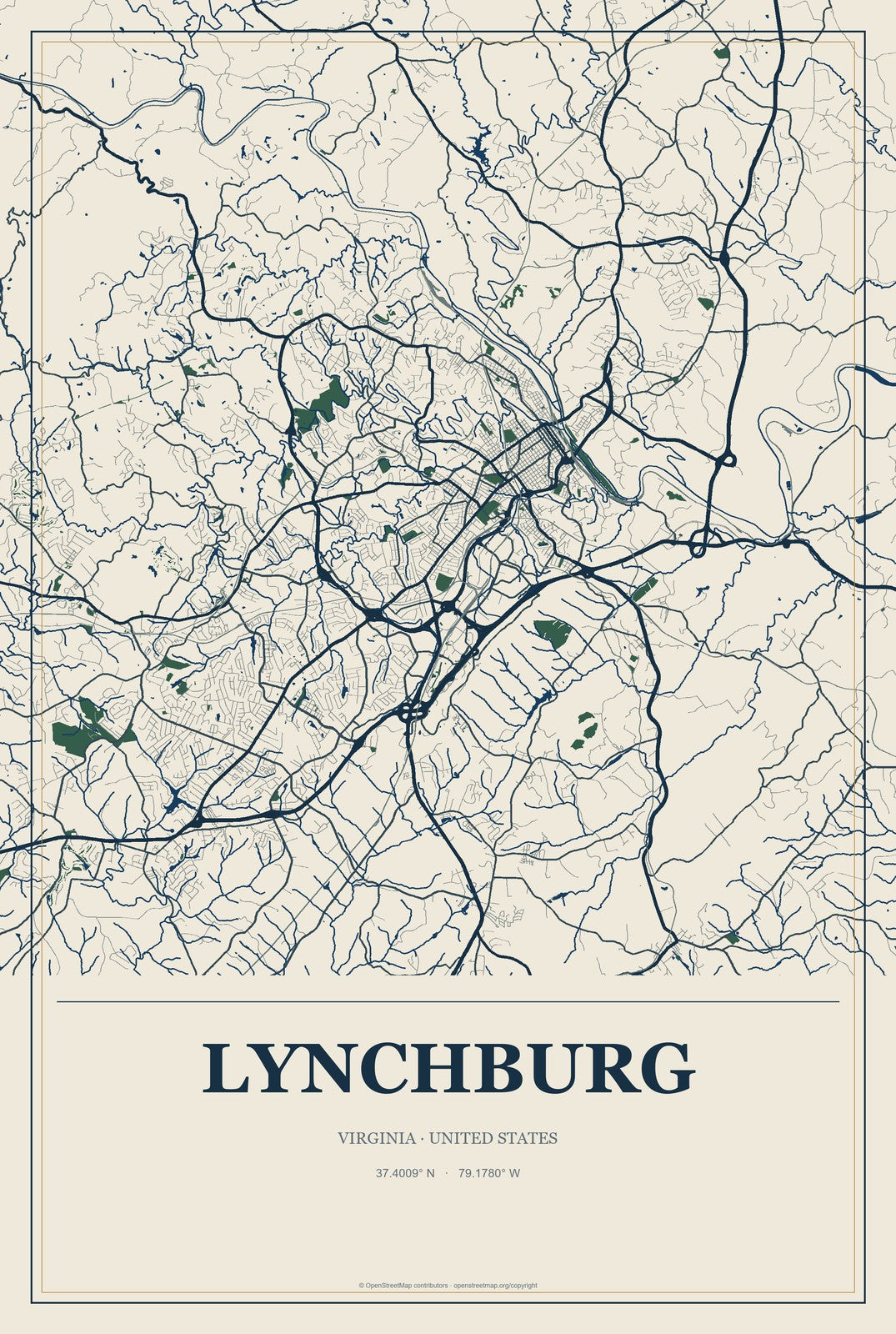 Lynchburg, Virginia City Map Aluminum Sign in Coastal Cutout style