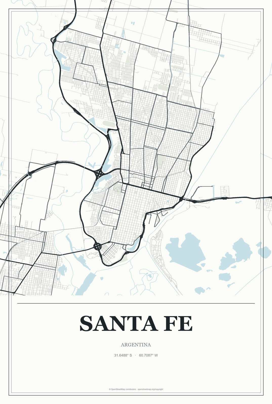 Santa Fe, Argentina City Map Aluminum Sign in Gallery Air style