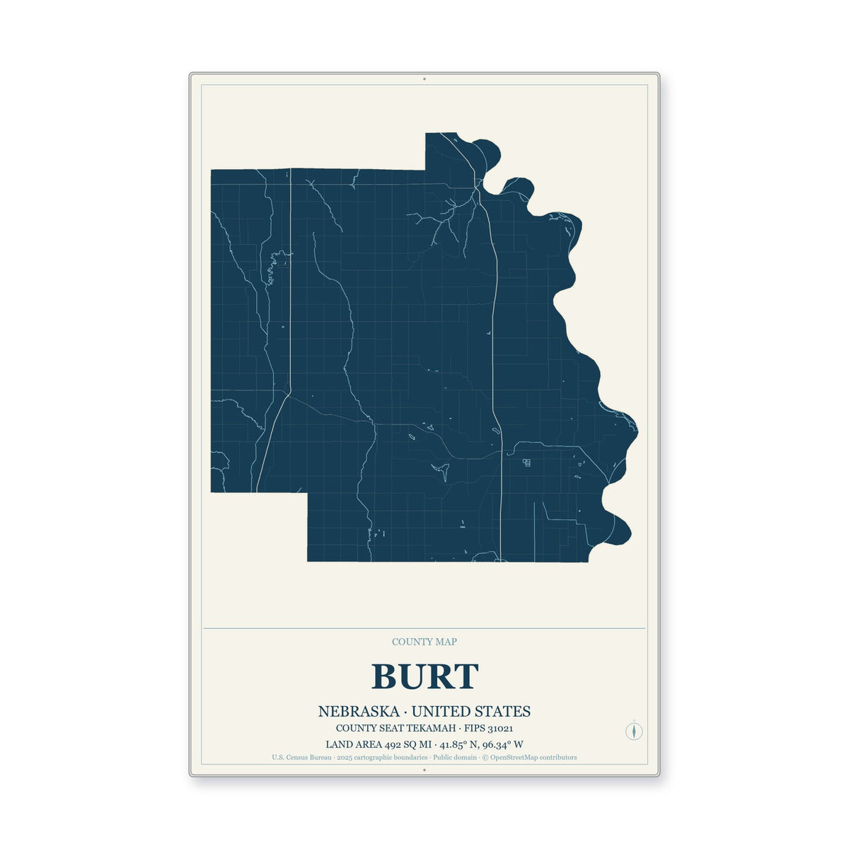 Burt County, Nebraska Map Aluminum Sign in Coastal Cutout style