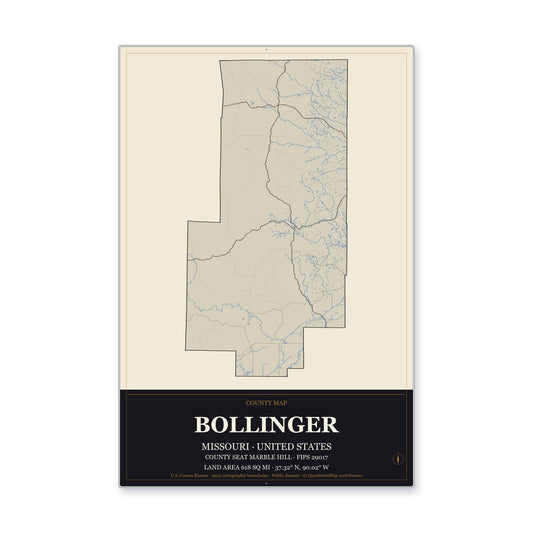 Bollinger County, Missouri Map Aluminum Sign in Museum Plaque style