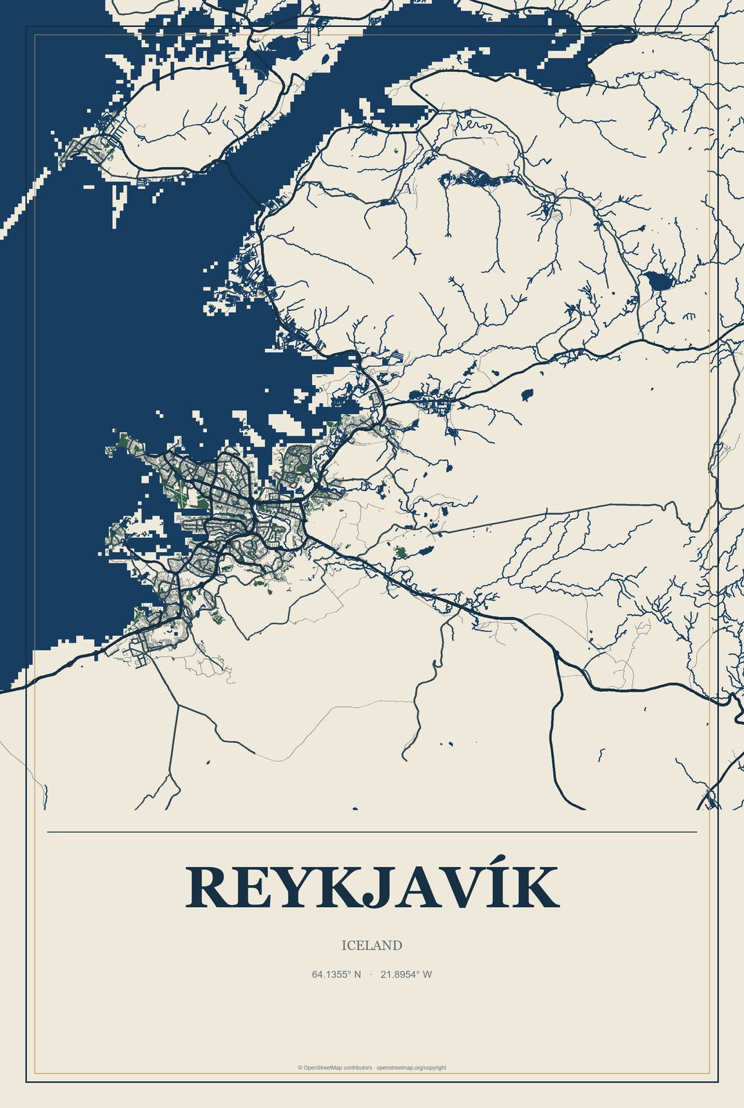 Reykjavík, Iceland City Map Aluminum Sign in Coastal Cutout style