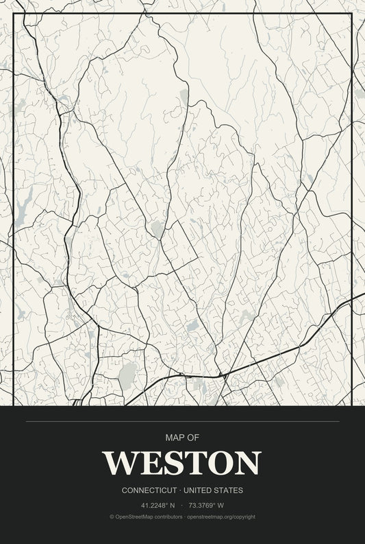 Weston, Connecticut City Map Aluminum Sign in Museum Plaque style