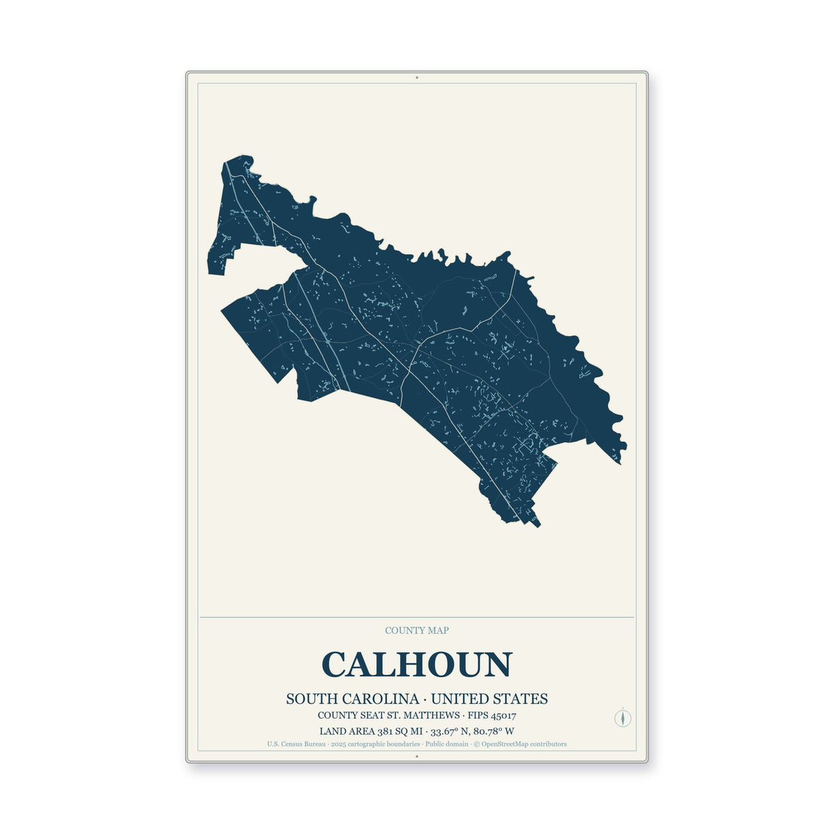 Calhoun County, South Carolina Map Aluminum Sign in Coastal Cutout style