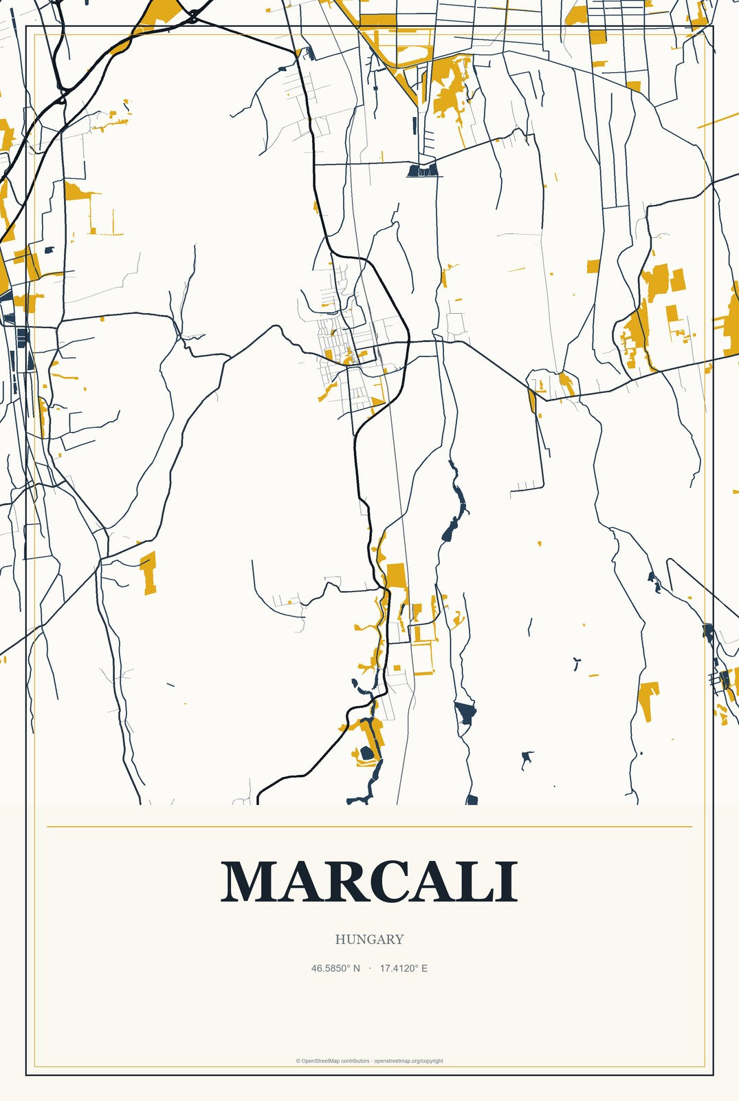 Marcali, Hungary City Map Aluminum Sign in Citrine Modern style