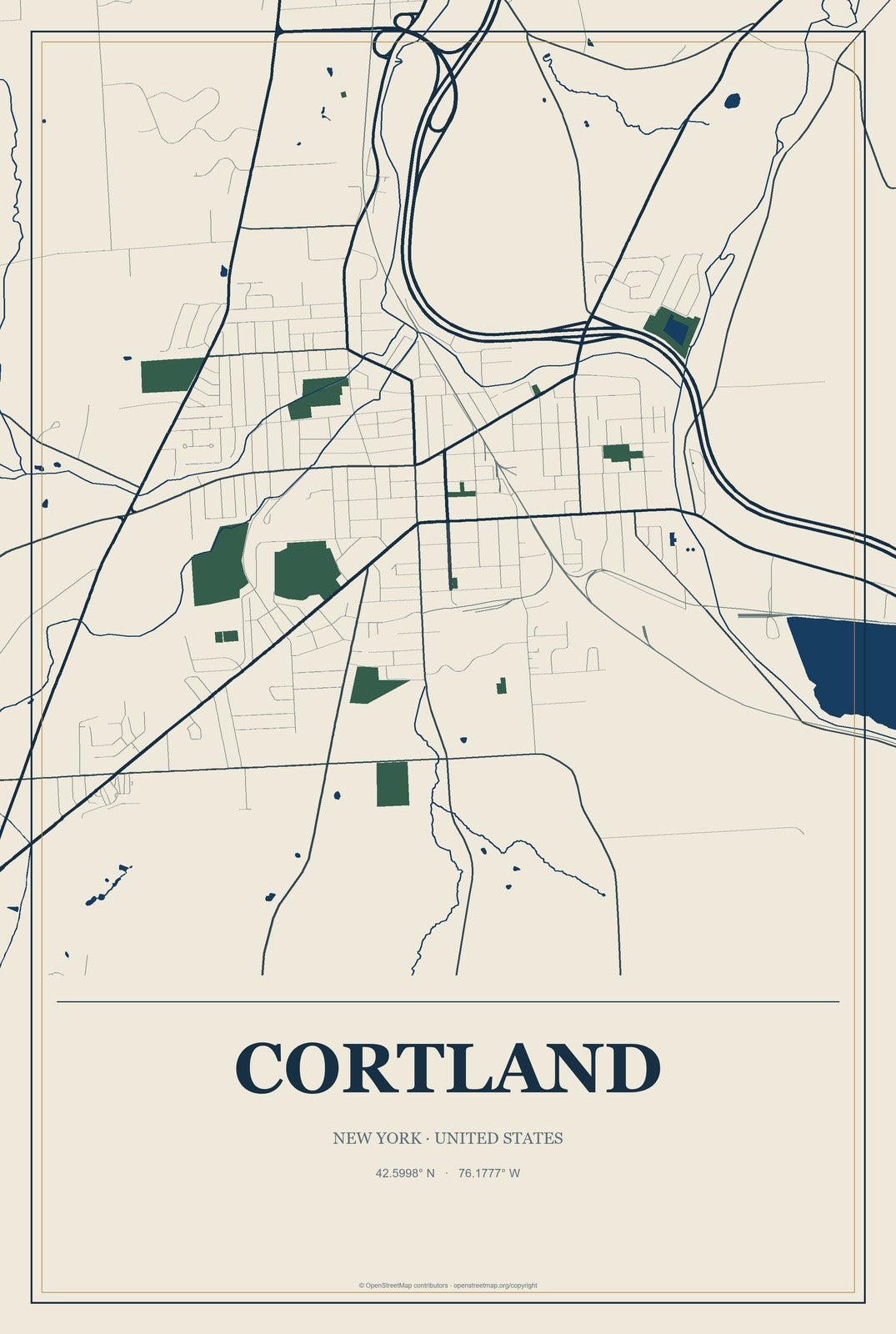Cortland, New York City Map Aluminum Sign in Coastal Cutout style